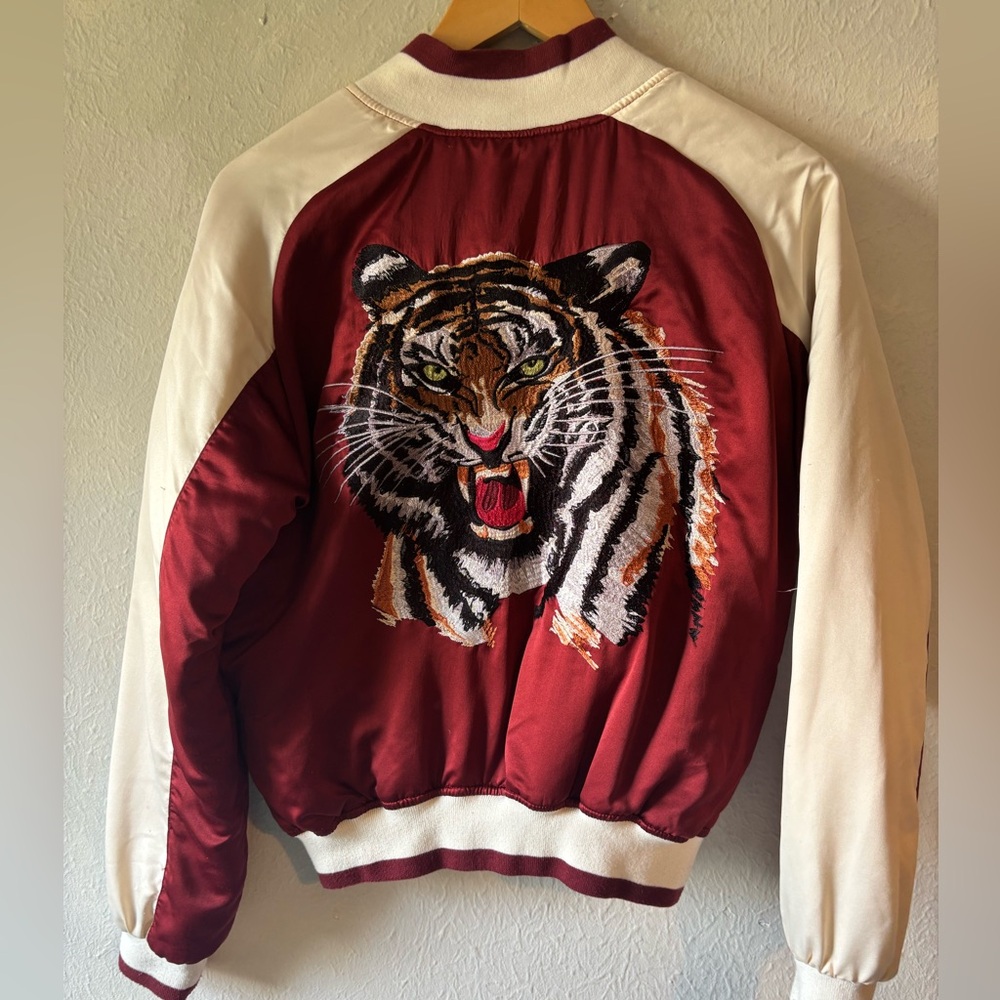 silence + noise Red and White Tiger Embroidered Bomber Jacket - Picture 6 of 7